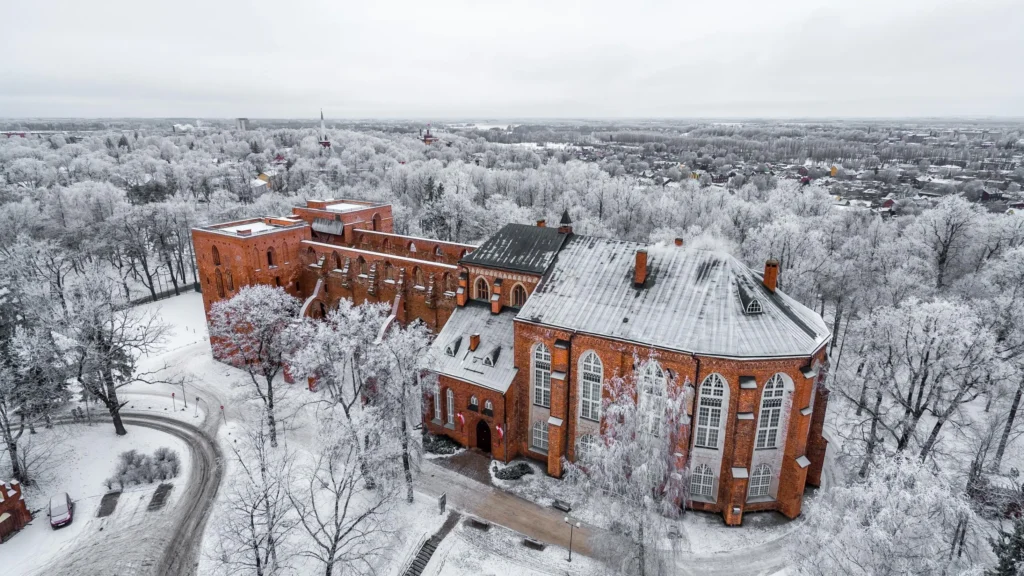 Aerial view of Tartu Cathedral and snow-covered Toomemägi.